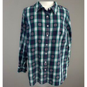 Talbots Button Up Shirt Blouse Plus Size 1X Colorful Plaid Embroidered Preppy